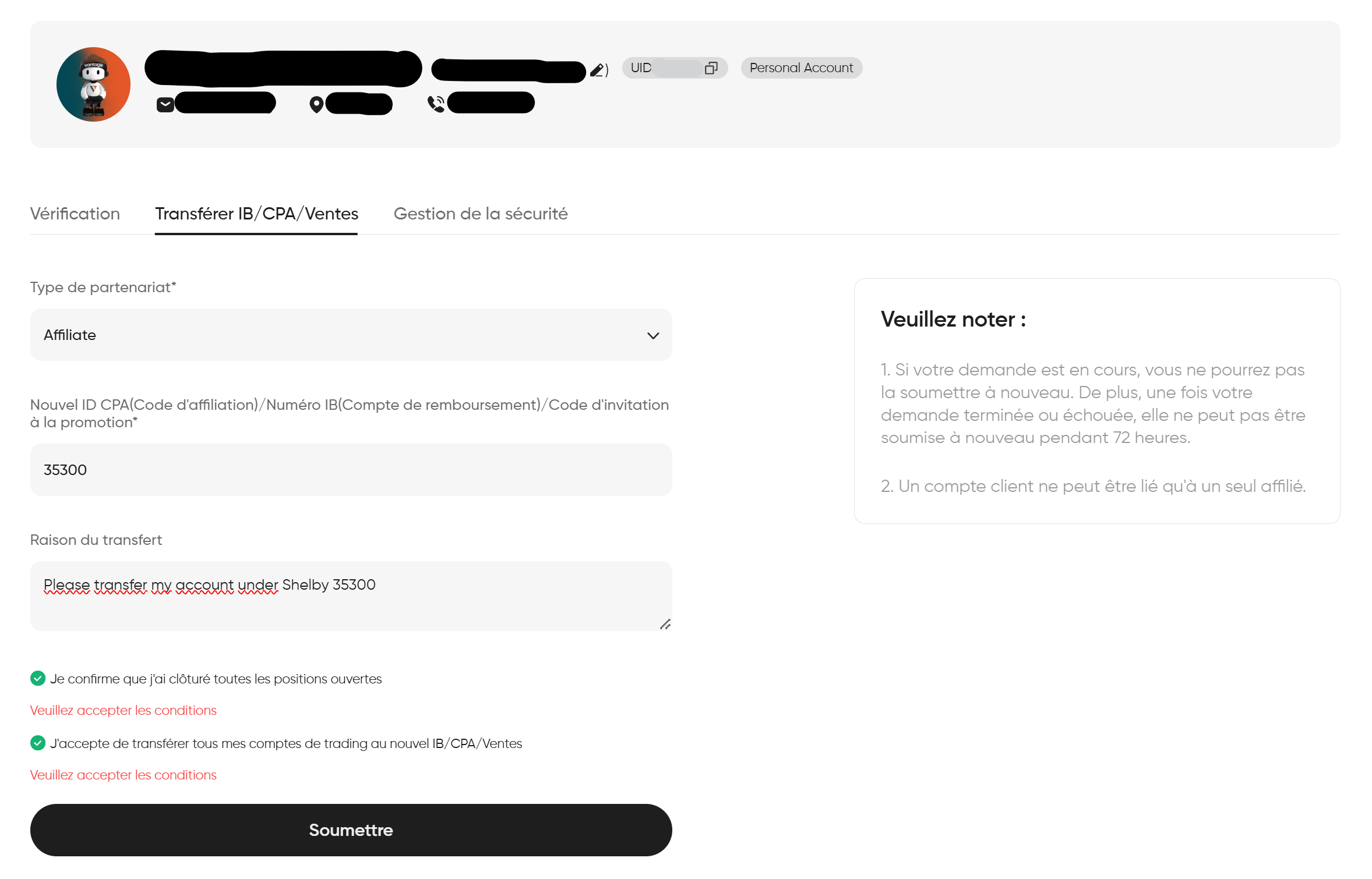 Comment accéder au transfert de compte dans le Client Portal