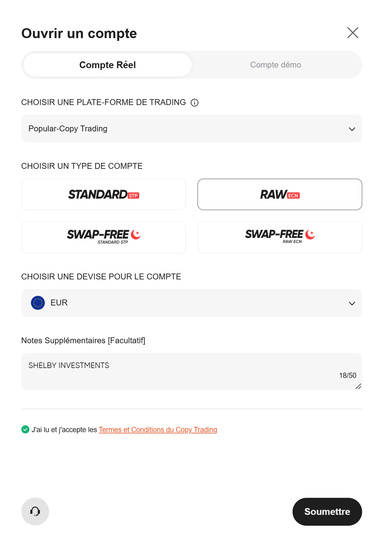 Formulaire de compte copy-trading